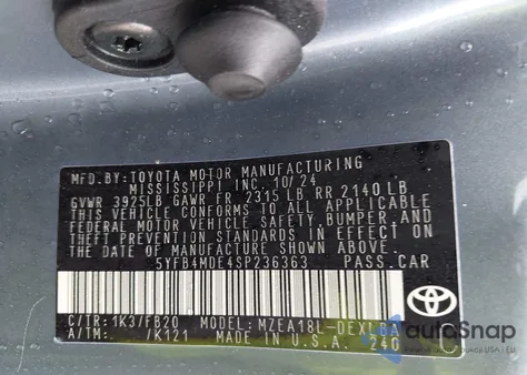 2025 Toyota Corolla Le из США, поврежденный, VIN 5YFB4MDE4SP236363